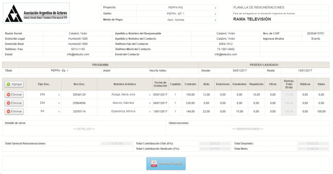 Planilla Actores